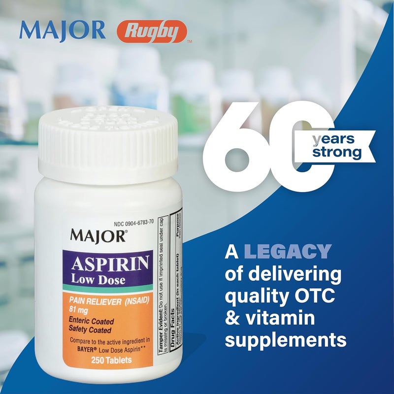 MAJOR Aspirin Low Dose 81 Mg - Pain Reliever (NSAID) - Enteric Coated - 250 Tablets - Image 2